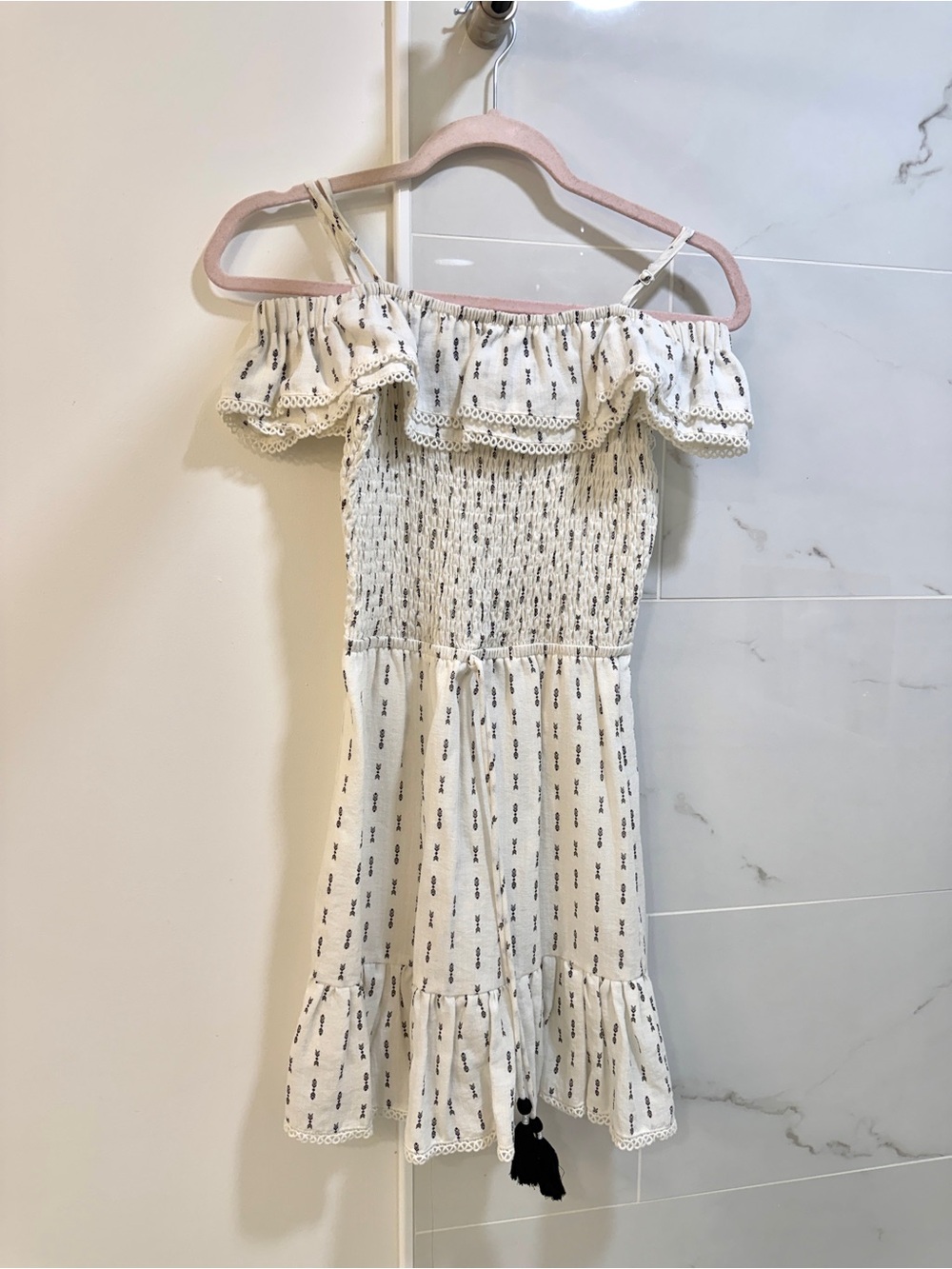 Lost + Wander White Navy Off-Shoulder Smocked Mini Dress